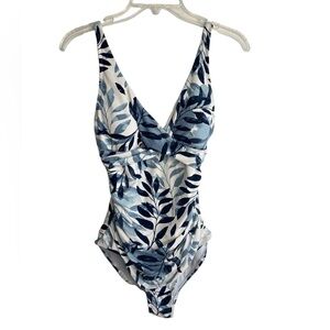 Niptuck Bathing Swim Suit One Piece Shirred Tummy Slimming Blue and White Size 6